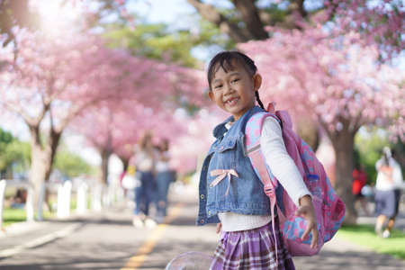 Asian little girl in garden under the blossom sakura tree backgroundの写真素材