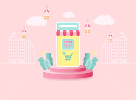 Online shopping concept . Mobile phone with store set on round podium. Online delivery background vector illustration.のイラスト素材