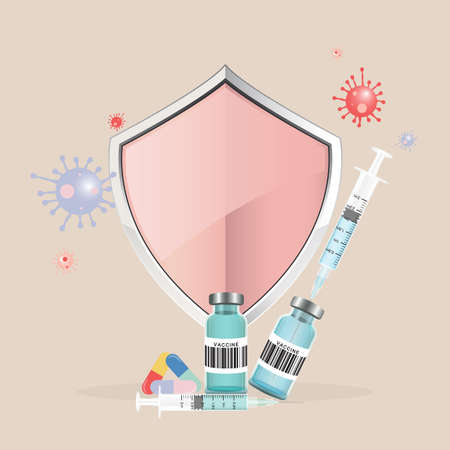 Vaccination concept. Immunization campaign. Medicine and syringe with a vaccine bottle protection shield and virus. Medical treatment. Vector illustration.のイラスト素材