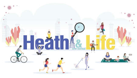 New normal health and life ideas concept with peoples doing activities with face mask prevention from disease outbreak. In flat big letters design. Vector illustration modern layout template.のイラスト素材