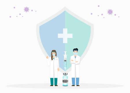 Coronavirus vaccine. Doctors team with syringe and vaccine with prepares for immunization. Vector illustration.のイラスト素材