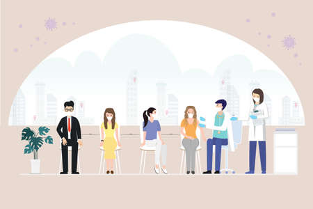 Vaccination of people concept. Doctor and nurse give a vaccine injection to woman. People are waiting in line to get vaccinated, immune heath.のイラスト素材
