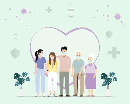 Family vaccination concept design. People get vaccinated to protect and enhance their immune health. Vector illustration.のイラスト素材