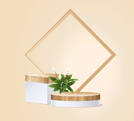 Vector wood podium on wall room background, presentation mock up, show cosmetic product display stage pedestal designのイラスト素材