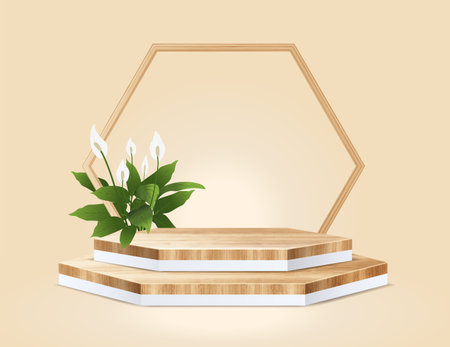 Abstract minimal scene with geometric vector hexagon wood podium, presentation mock up, show cosmetic product display stage pedestal designのイラスト素材