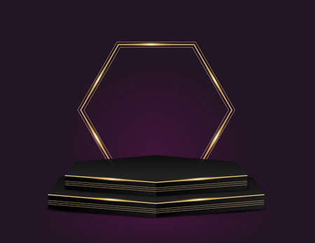 Vector product stand black and gold colors, Luxury concept background, presentation mock up, show cosmetic display stage pedestal hexagon designのイラスト素材