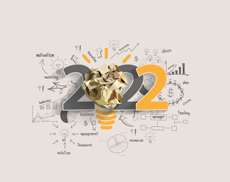 Vector 2022 new year with creativity inspiration crumpled paper ball light bulb ideas concept design, With drawing charts and graphs business success strategy planのイラスト素材