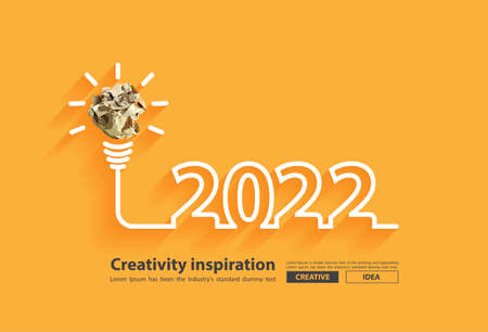 2022 new year creativity inspiration with crumpled paper ball light bulb ideas concept design, Vector illustrationのイラスト素材
