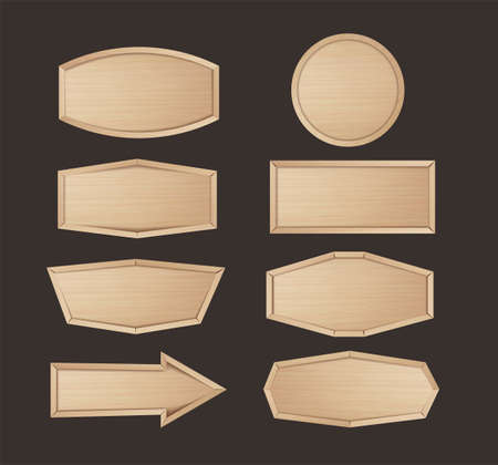 Wooden stickers label collection. Set of various shapes wood sign boards for sale price and discount stickers, banners, badges. Vector illustrationのイラスト素材