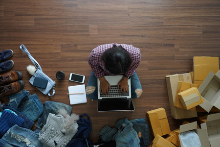 Selling online start up small business owner SME idea concept, Top view of women using laptop...