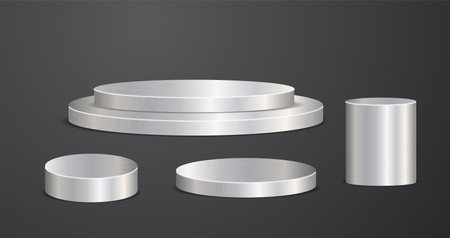 Silver 3d cylinder set podium presentation mock up, Chrome steel show cosmetic product display stage pedestal design, Vector illustrationのイラスト素材