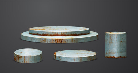 Rusty metal podium product display, Platforms presentation mock up show cosmetic stage pedestal design, Vector illustrationのイラスト素材
