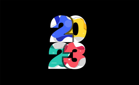 Number 2023 happy new year with abstract liquid shapes design modern graphic elements, Vector illustration templateのイラスト素材