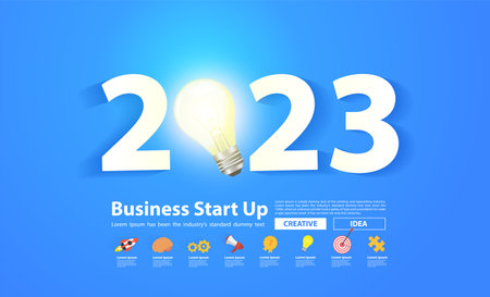 Tags number 2023 new year design with creative light bulb idea, Inspiration business plan concept, Vector illustration modern layout templateのイラスト素材