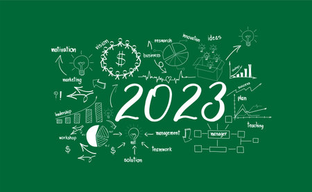 Vector 2023 new year with creative thinking drawing charts and graphs business success strategy plan...
