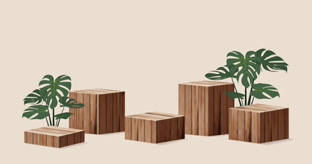 Vector wooden podium product display with nature leavesのイラスト素材