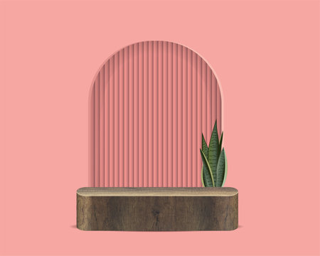 Product display wood and white podium in minimal orange pastel background decorated with ornamental tree. Minimal wall scene for products showcase. 3d illustration vectorのイラスト素材