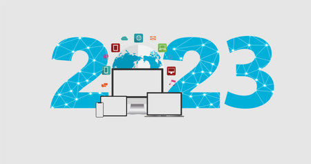 2023 new year Business technology  social network ideas concept with set of monitor, laptop, tablet,...