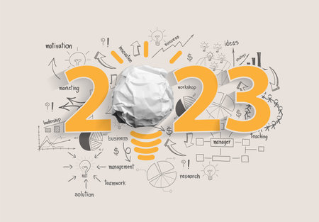 Vector creativity inspiration 2023 new year with crumpled paper ball light bulb ideas concept design, With drawing charts and graphs business success strategy planのイラスト素材