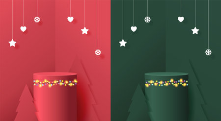 Vector Merry Christmas podium exhibit displays award ceremony product presentation, With Christmas lights Colorful Xmas garland glow light bulbs on wire stringsのイラスト素材
