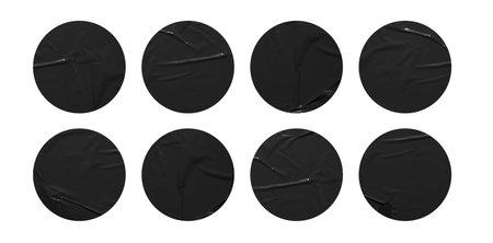 Set of round black paper stickers mock up blank tags labels, isolated on white background with...