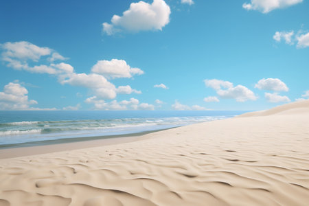 Sea beach with white sand beach blue sky with clouds, Summer Holiday background, AI generateの素材