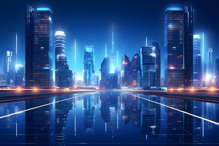 Skyline at night technology background with modern building and city, AI generateの素材