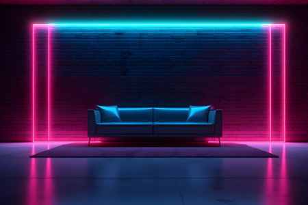 modern living room with sofa in dark room with neon lights futuristic retro, Empty background scene. AI generateの素材