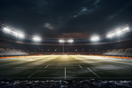 Football soccer field stadium at night and spotlight, AI generateの素材