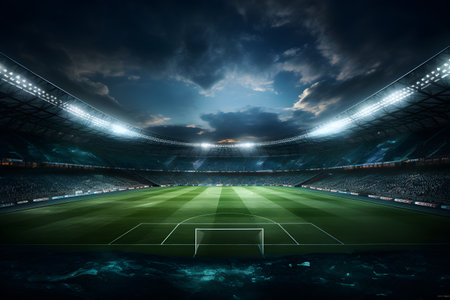 Football soccer field stadium at night and spotlight, AI generateの素材