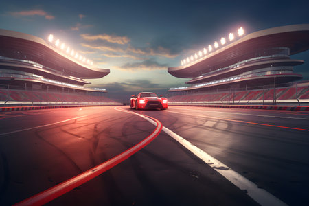 Curved asphalt racing track and illuminated race sport at stadium evening arena and spotlight, AI generateの素材