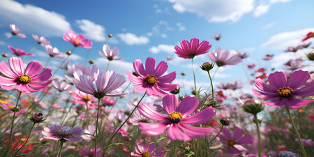 Beautiful colorful cosmos pink flowers in the field against blue sky, ai generateの素材