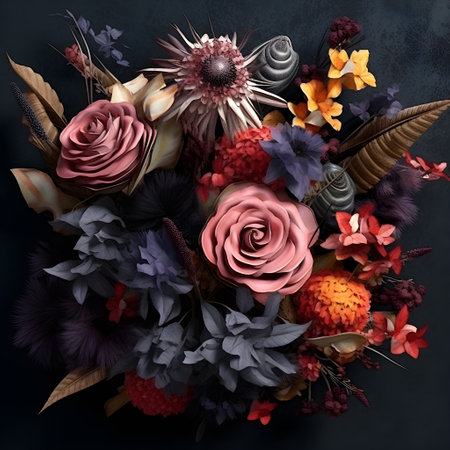 Bouquet of flowers and leaves. Flat lay. Nature concept. Floral Greeting card. Colorful spring flower background, ai generateの素材