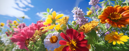 Bright colourful flowers plants in the field against blue sky, ai generateの素材