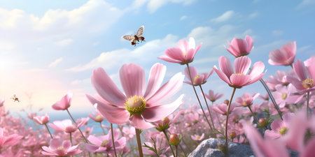 Anemones pink flowers field in the fresh spring against blue sky, ai generateの素材
