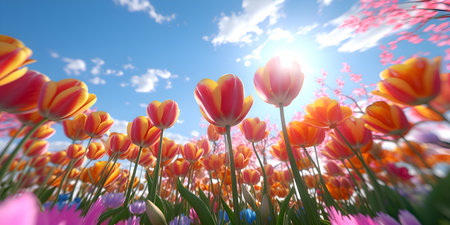 Beautiful Tulips flowers blooming in a tulip field against blue sky, ai generateの素材