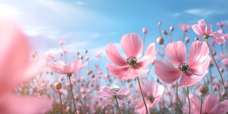 Anemones pink flowers field in the fresh spring against blue sky, ai generateの素材