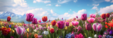 Beautiful Tulips flowers blooming in a tulip field against blue sky, ai generateの素材