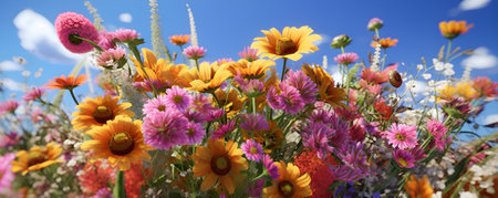 Bright colourful flowers plants in the field against blue sky, ai generateの素材