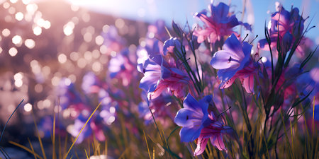 Campanula pink flowers in the field against blue sky, ai generateの素材