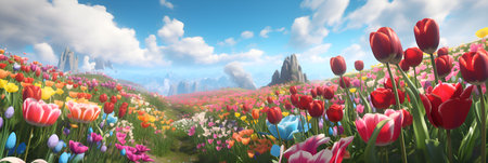 Beautiful Tulips flowers blooming in a tulip field against blue sky, ai generateの素材