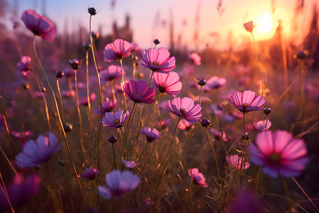 Cosmos pink flowers in the field in the morning, ai generateの素材