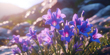 Campanula pink flowers in the field against blue sky, ai generateの素材