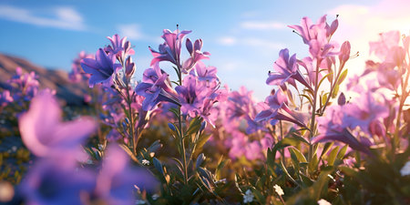 Campanula pink flowers in the field against blue sky, ai generateの素材