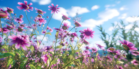 Lowers chamomile purple wild peas flowers in the field, ai generateの素材