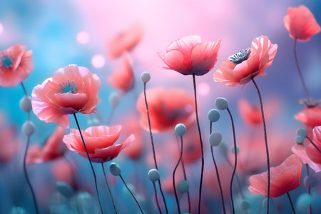 Pink poppies in the field spring flower with blurred background, ai generateの素材