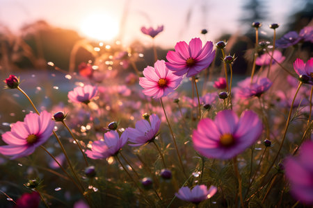 Cosmos pink flowers in the field in the morning, ai generateの素材