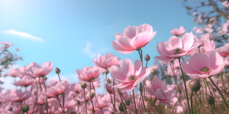 Gently pink flowers of anemones in field against blue sky, ai generateの素材