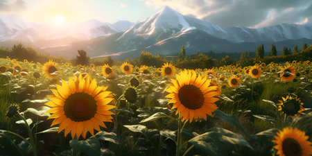Sunflower field in the summer and sky, ai generateの素材