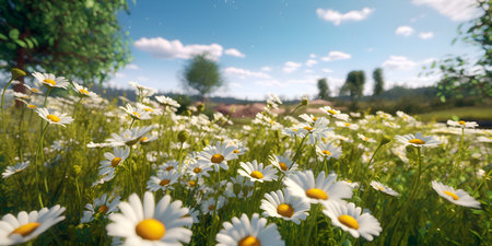 Field of daisies and sky, ai generateの素材